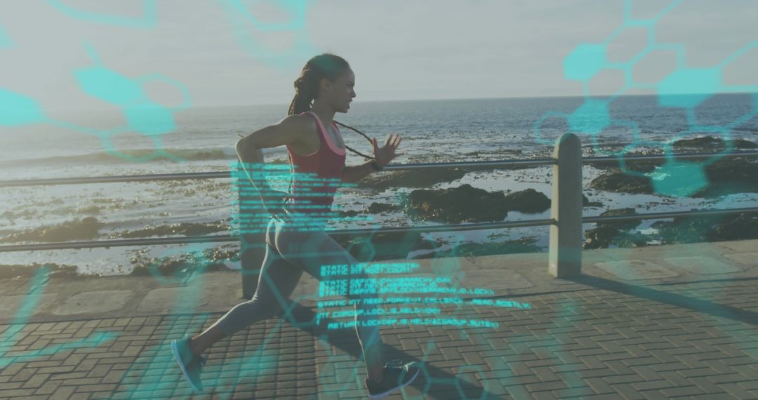 Fit Woman Running with Futuristic Data Overlay near Ocean