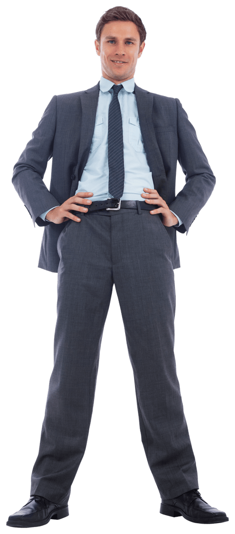 Confident Businessman in Suit with Hands on Hips Transparent PNG