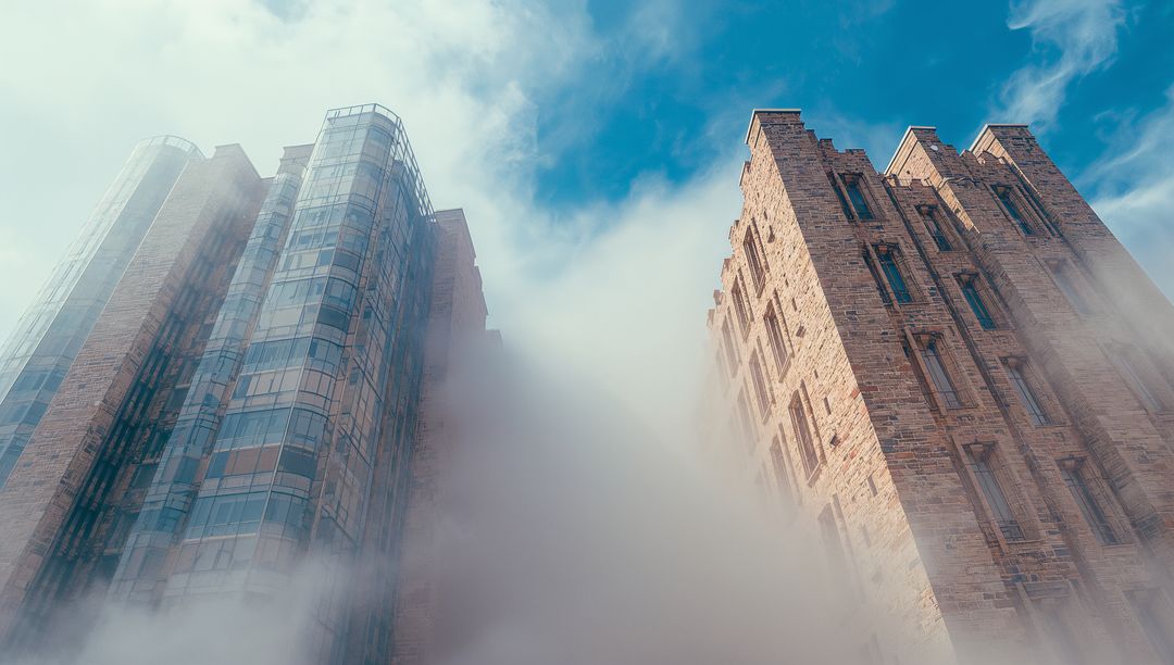 Modern Skyscrapers Emerge Through Dense Fog in Urban Cityscape