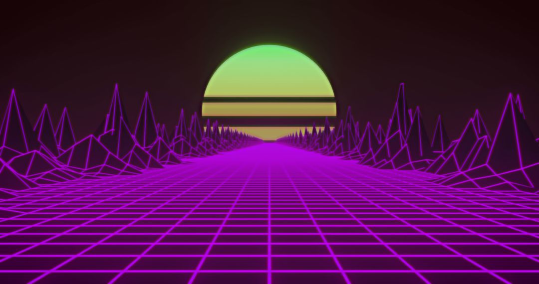 Retro Futuristic Synthwave Landscape with Neon Grid Sun