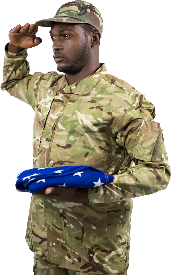 Portrait of Soldier Holding Folded American Flag and Saluting on Transparent Background - Download Free Stock Images Pikwizard.com