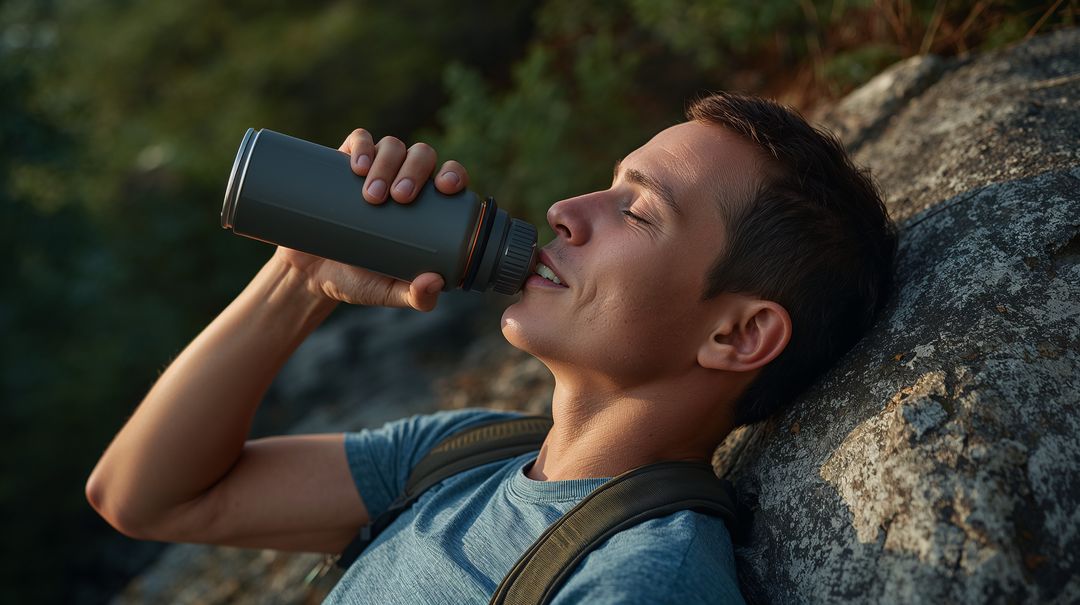 Hiking man drinking from reusable bottle while resting on sunlit rock at forest edge