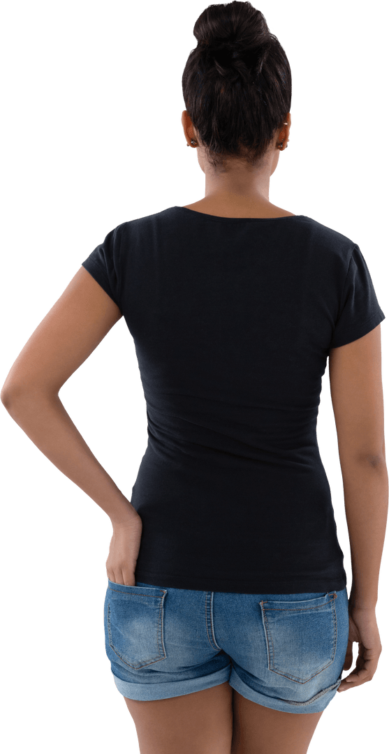 Transparent Back View Young Woman in Casual Attire with Pocket Pose