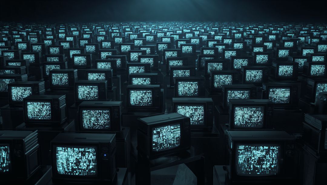 Flickering CRT TVs in Dark Warehouse with Glitch Patterns