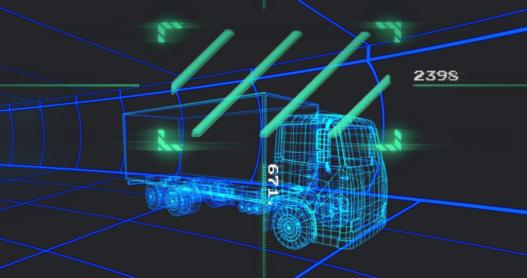 Futuristic Tractor-Trailer in Neon Grid with Digital HUD Elements