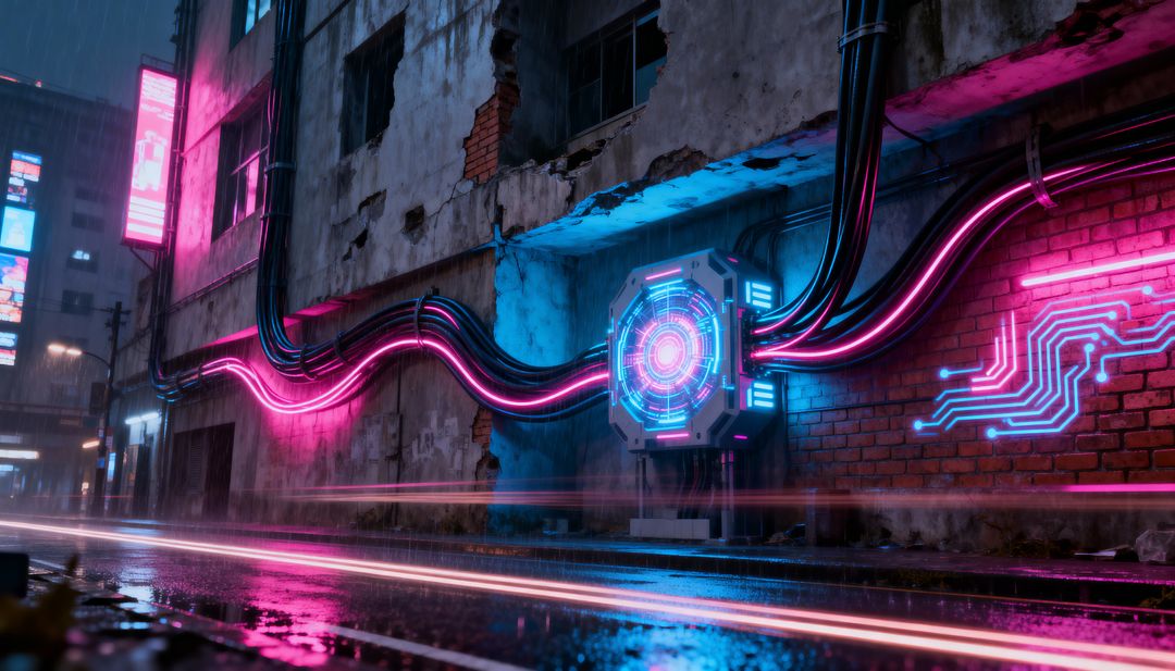 Neon Hexagonal Interface Emitting Rings With Futuristic Cables on Rainy Urban Alley