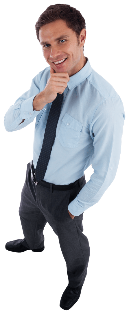 Transparent Confident Businessman Posing with Hand on Chin