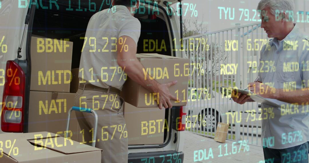 Delivery Workers with Financial Data Overlay Convey E-commerce and Logistics Growth