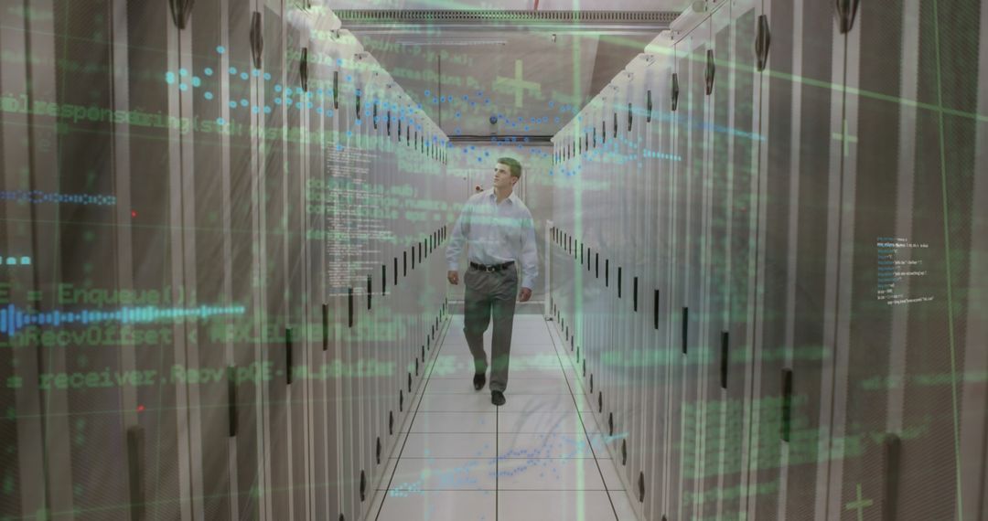 Data Center Technician Walking Among Servers with Holographic Interface Overlay - Free Images, Stock Photos and Pictures on Pikwizard.com