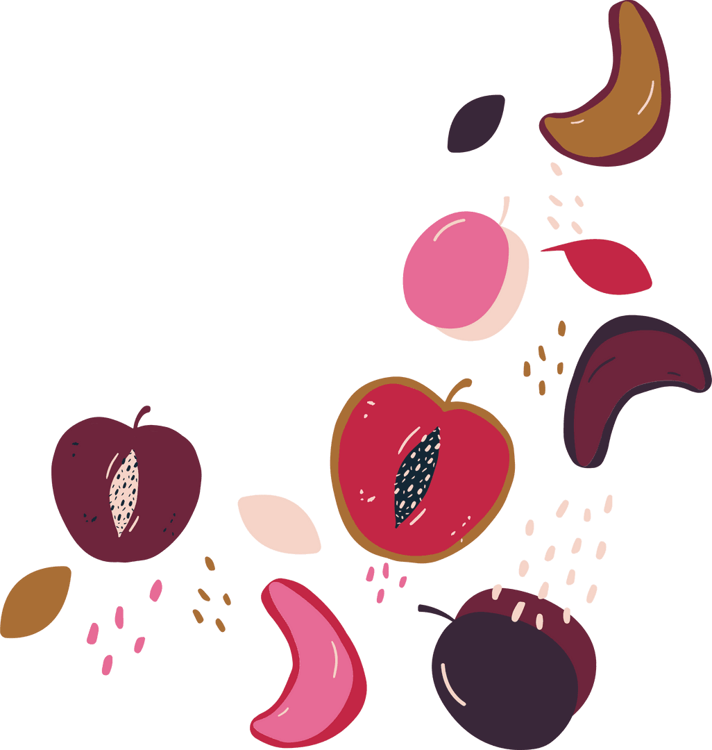 Colorful Plum Hearts with Seeds Leaves on Transparent Layer