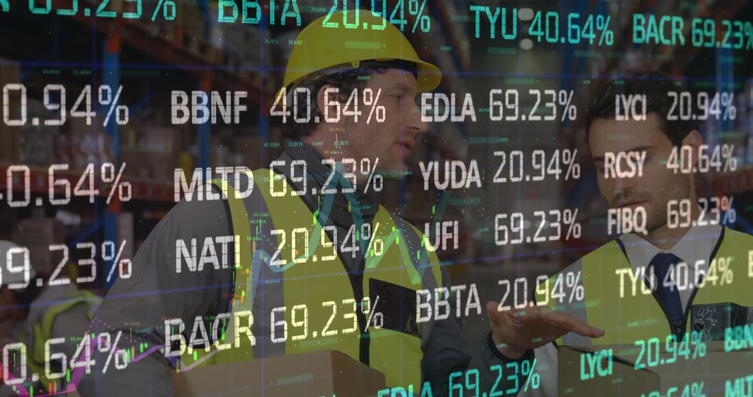 Warehouse Workers Collaborating with Stock Market Data Overlay