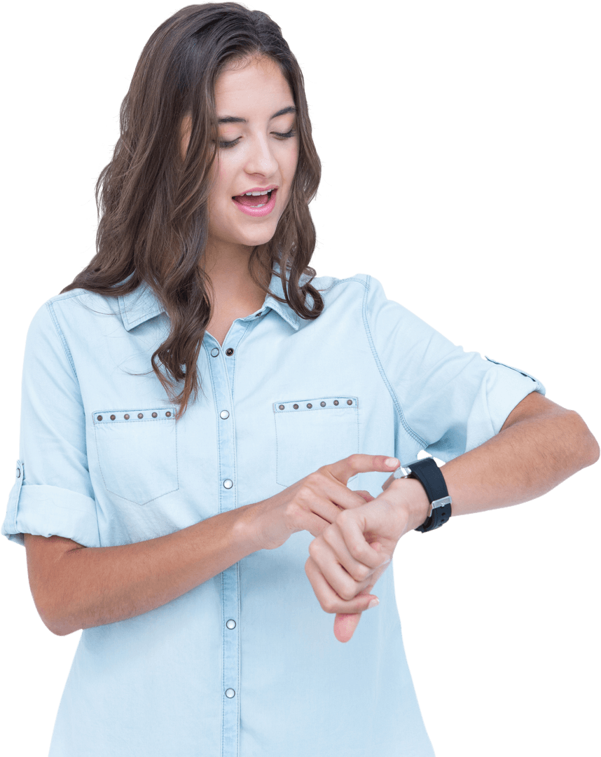 Young Woman Checking Watch on Transparent Background