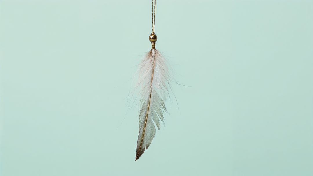 Elegant dreamcatcher feather hanging on mint green background
