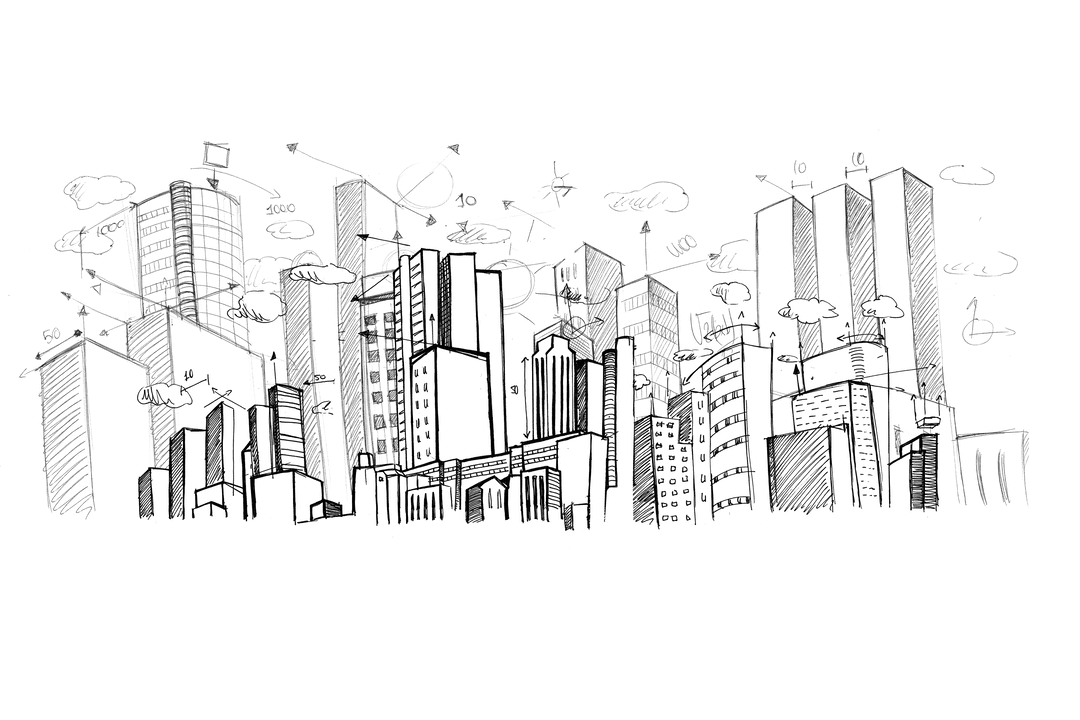 Digital Cityscape Drawing with Transparent Background