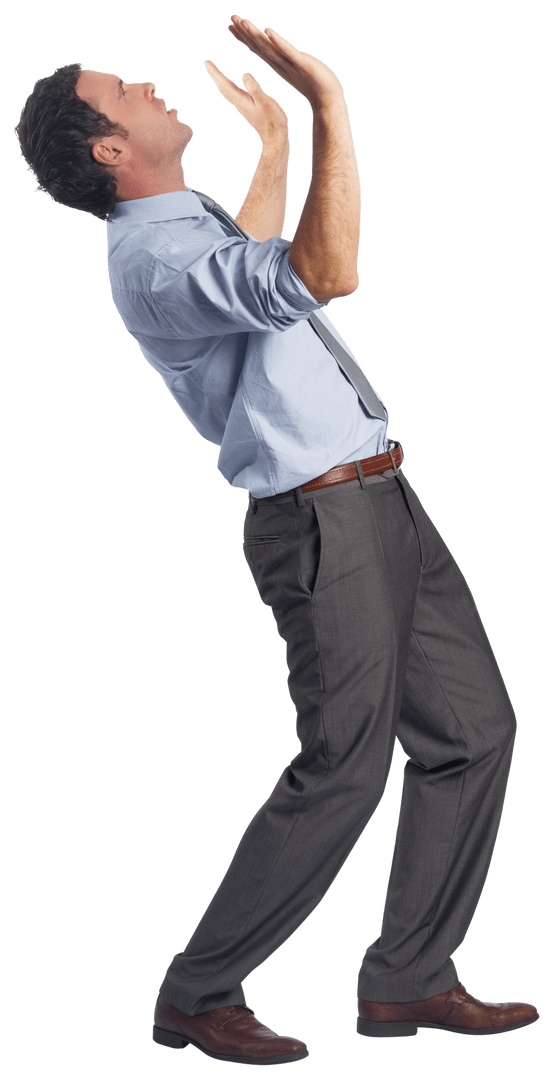 Businessman in Suit Posing with Raised Arms on Transparent Background