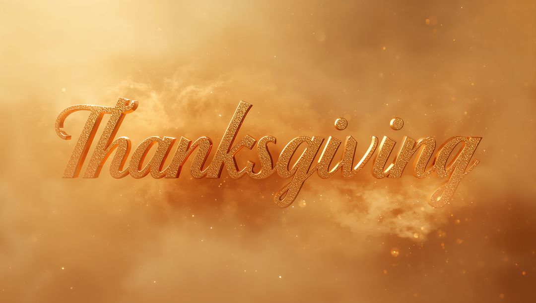 Gold Script Thanksgiving Wordmark Floating, Glowing, Shimmering Over Warm Cloudy Background