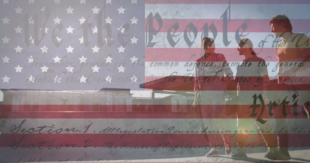 US Flag Overlaid on Friends Having Fun at Beach Celebrates Freedom and Unity