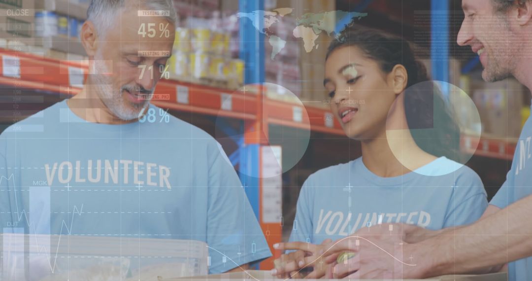 Diverse Volunteers Analyzing Donations in Warehouse