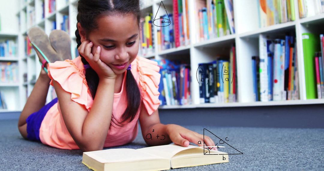 Happy Girl Reading Book in Colorful Library Setting