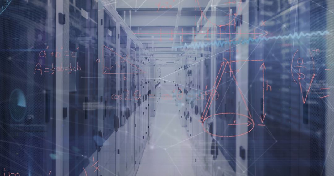 Futuristic Data Center with Complex Mathematics Overlay