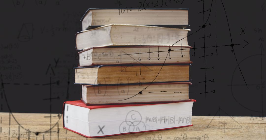 Stack of Books with Mathematical Equations in Background
