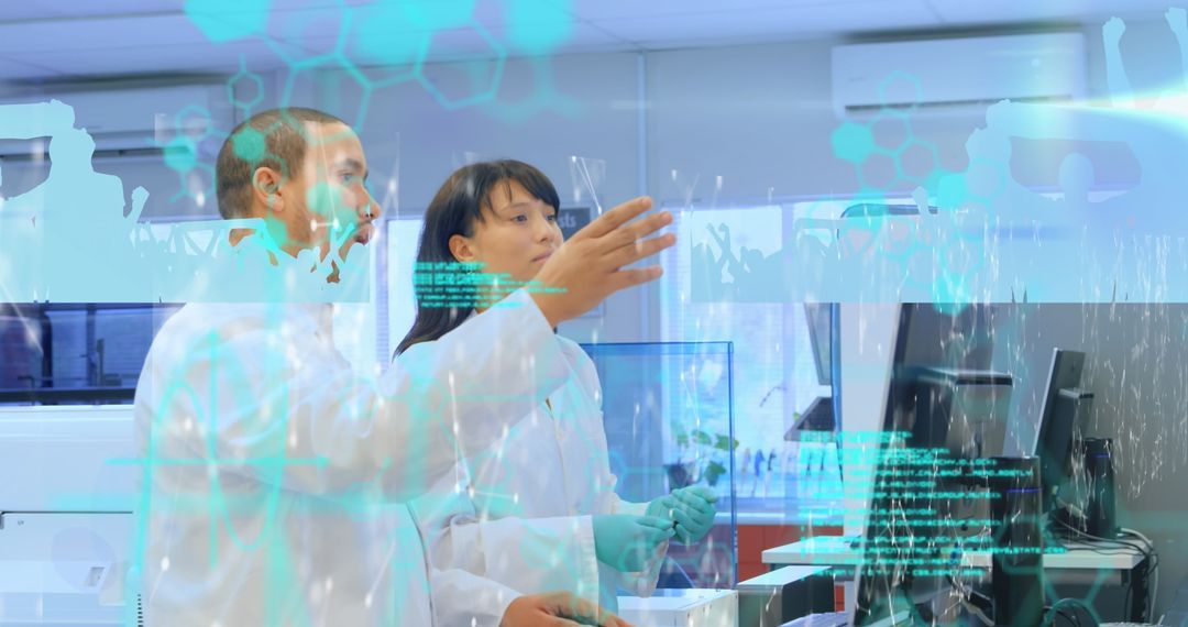 Scientists Collaborating Over Holographic Display in Advanced Lab