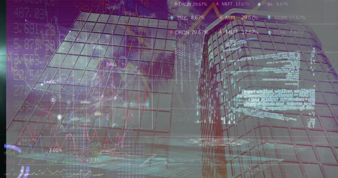 Futuristic Glass Skyscrapers with Neon Financial Charts and Code Overlays