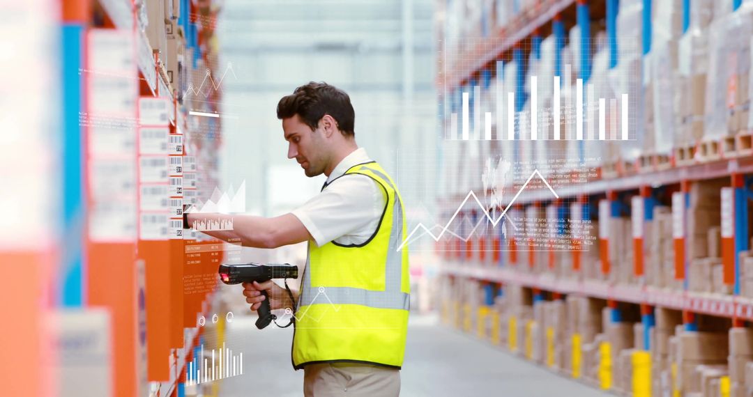 Warehouse Worker Scanning Barcodes with Data Analytics Overlay