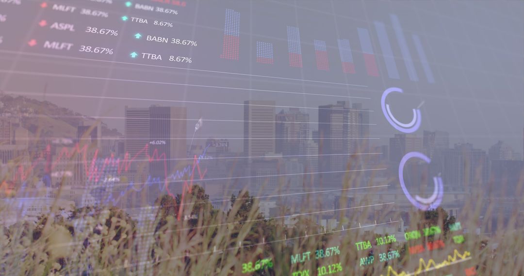 Financial Graphs Overlaid on Cityscape Reflecting Global Business Trends