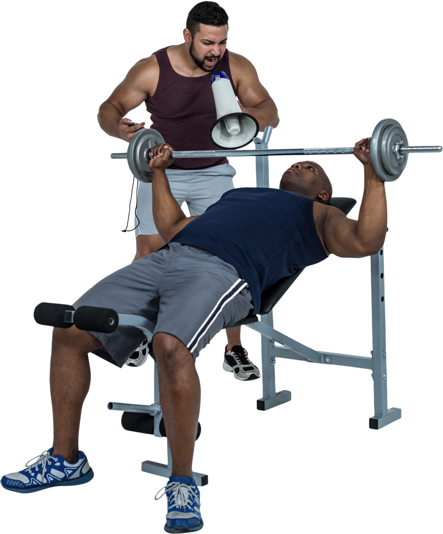 Trainer Spotting Muscular Man Lifting Barbell on Bench in Transparent Background - Download Free Stock Images Pikwizard.com