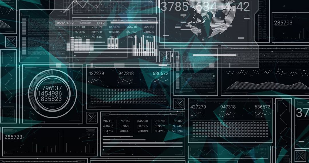 Digital Interface with Globe and Data Overlays on Black Background