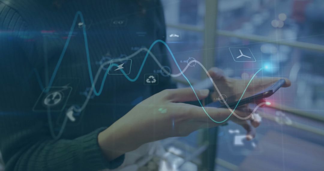 Caucasian Woman Engaging with Smartphone Amidst Abstract Holographic Interface