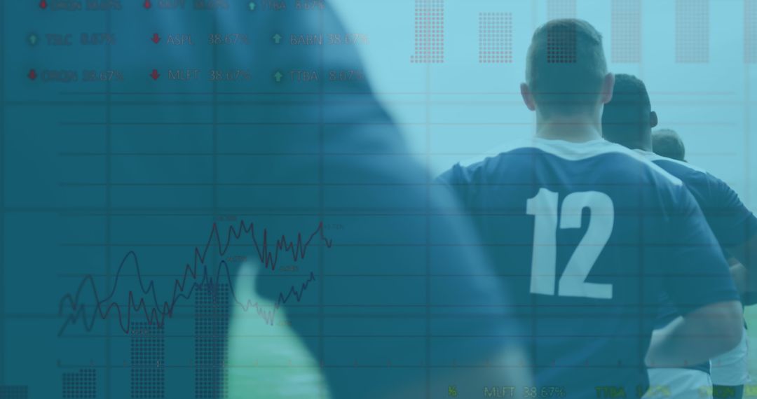 Rugby Players Back Image with Overlay of Financial Graphs