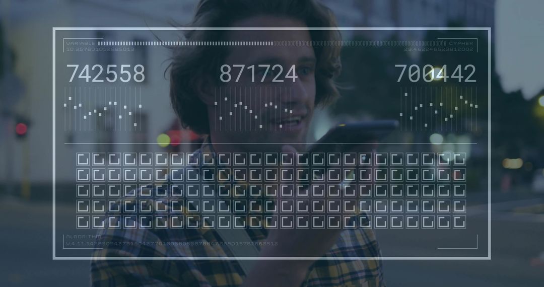 Man Dictating Into Smartphone in Urban Location With Data Overlay