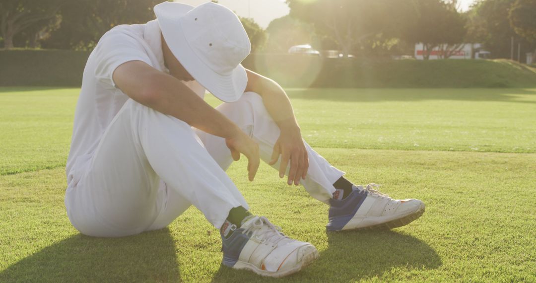 Exhausted Cricketer Resting on Field at Sunset - Free Images, Stock Photos and Pictures on Pikwizard.com