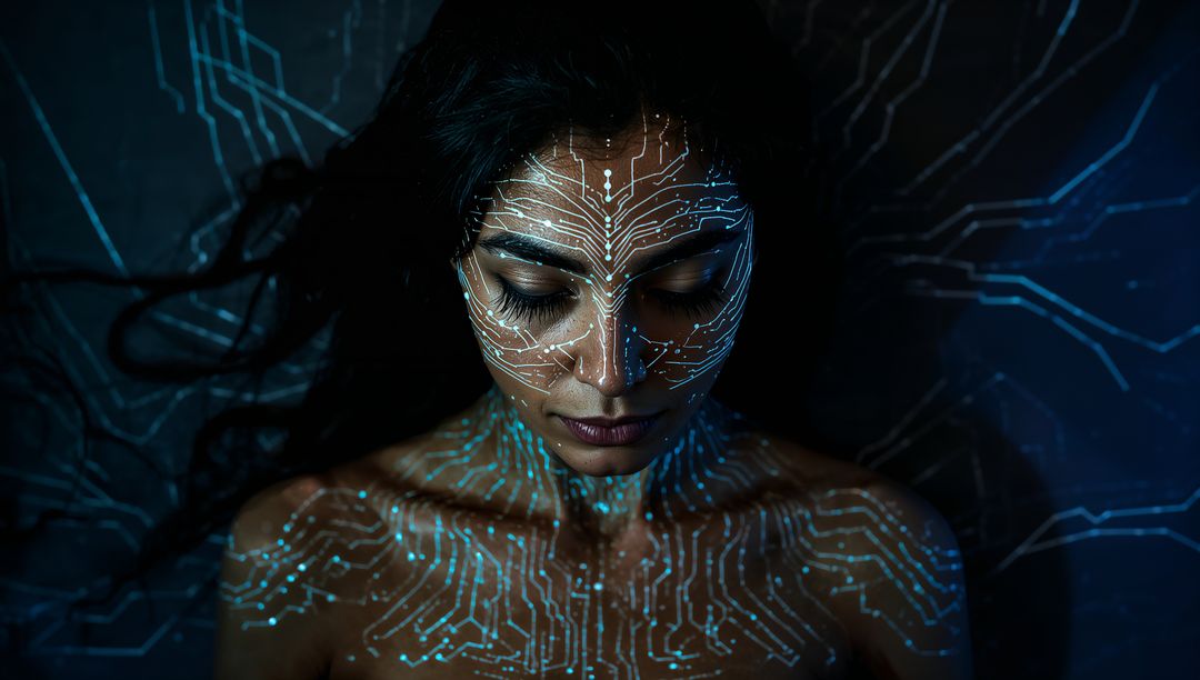 Futuristic female portrait featuring glowing cyan circuit patterns across face and chest