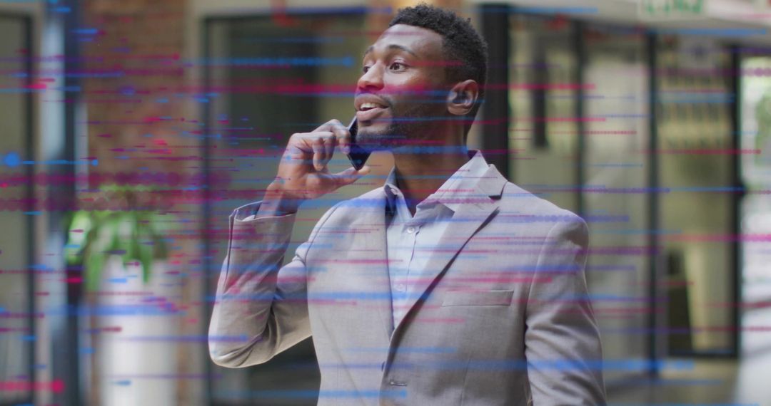 Professional Talking on Smartphone with High-Tech Visuals in Office