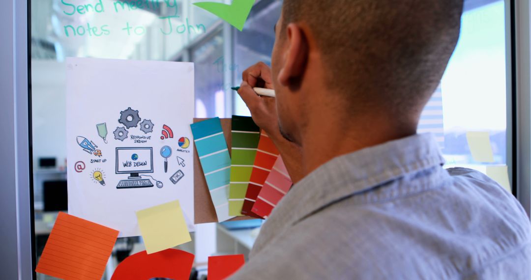 Man Brainstorming Ideas on Whiteboard Using Colorful Sticky Notes - Free Images, Stock Photos and Pictures on Pikwizard.com