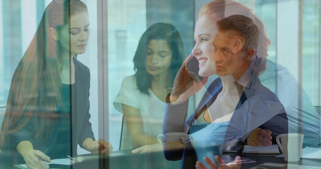 Multiracial Team Collaborating with Phone Communication Overlay