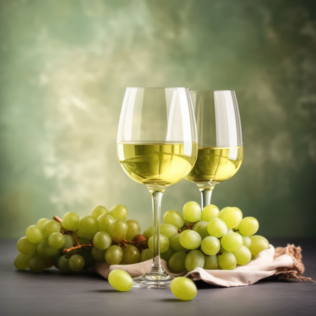 Two glasses of white wine and grapes on green background, created using generative ai technology - Free Images, Stock Photos and Pictures on Pikwizard.com