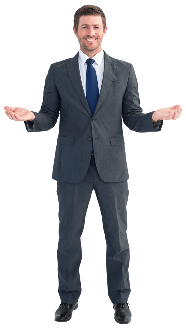 Happy Businessman in Suit with Open Hands Posing Transparent