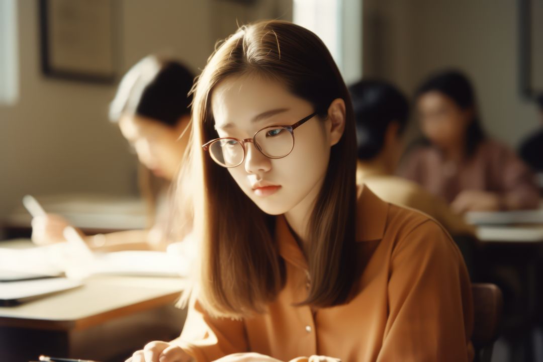 Young Woman Studying in Classroom with Focused Expression - Free Images, Stock Photos and Pictures on Pikwizard.com