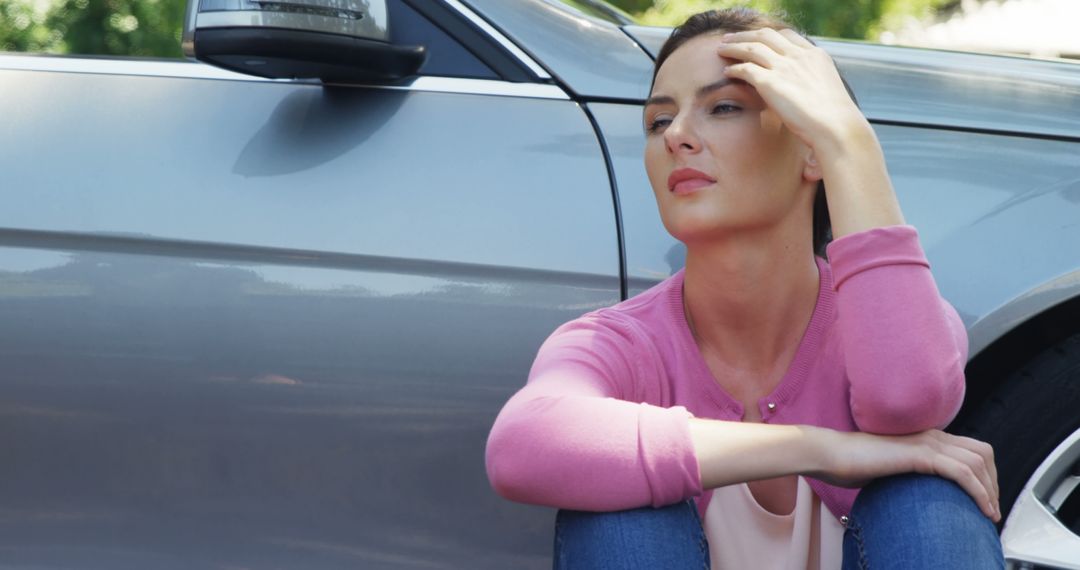 Woman Sitting by Car Looking Concerned Outdoors - Free Images, Stock Photos and Pictures on Pikwizard.com