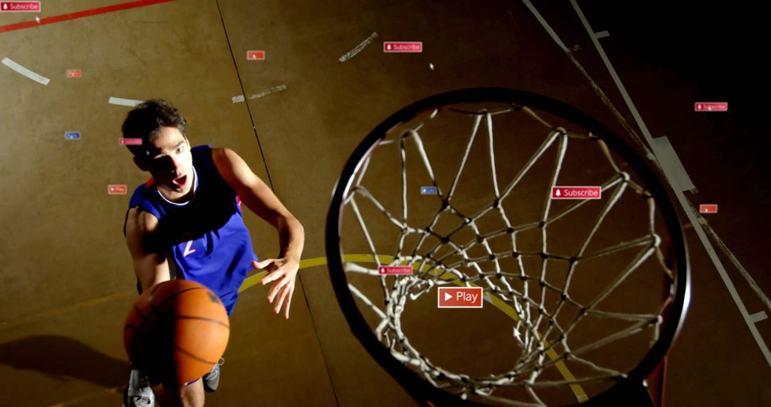 Basketball Player Dunking Ball with Digital Overlays Highlighting Intensity