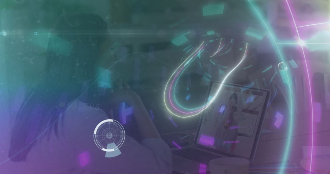 Futuristic Network Overlay with Woman Using Laptop