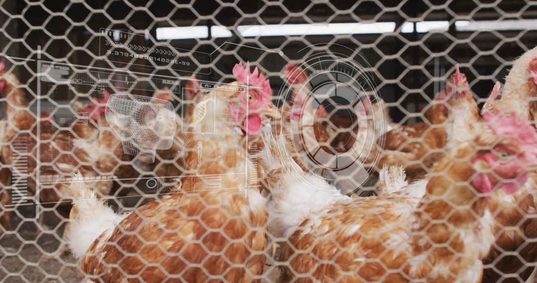 Chickens in Aviary with Digital Monitoring Interface Elements