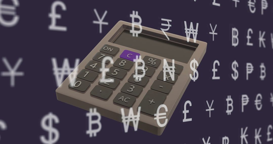 Digital Calculator Surrounded by Currency Symbols on Dark Background