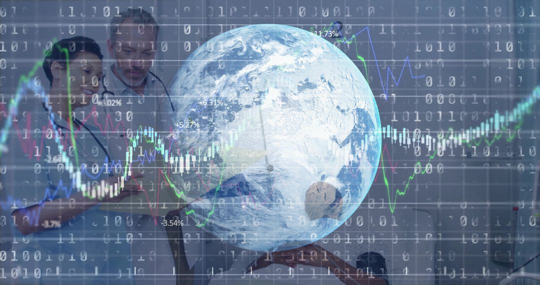 Dynamic 3D Globe with Binary Code and Line Charts in Modern Office