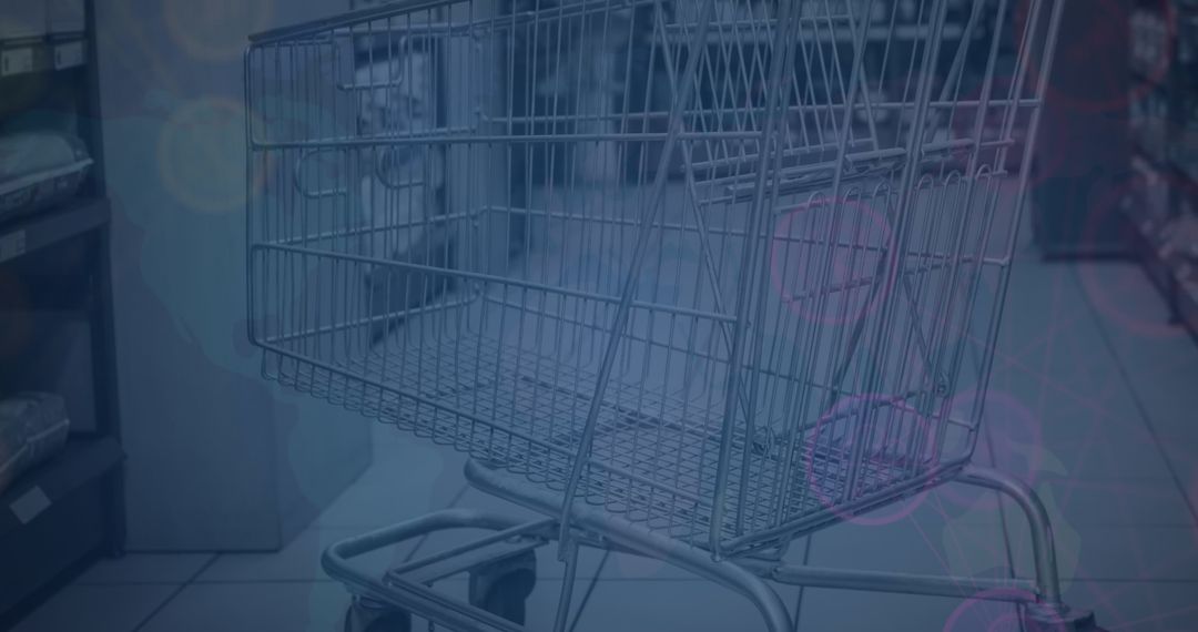 Empty Shopping Cart in Grocery Store Aisle with Abstract Overlay