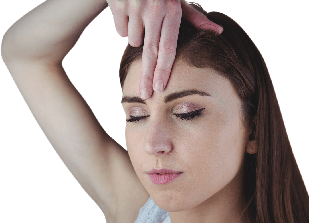 Peaceful Woman Meditating with Hand on Forehead on Transparent Background